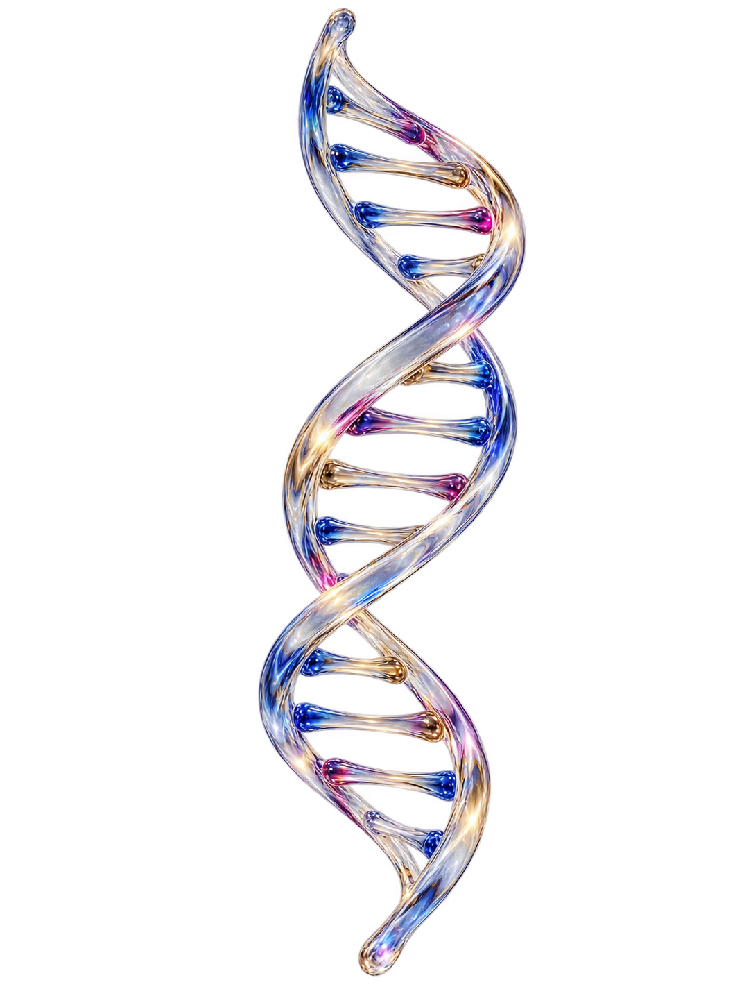 Ilustração conceitual de uma dupla hélice de DNA em vidro, com reflexos azuis, magenta e dourados