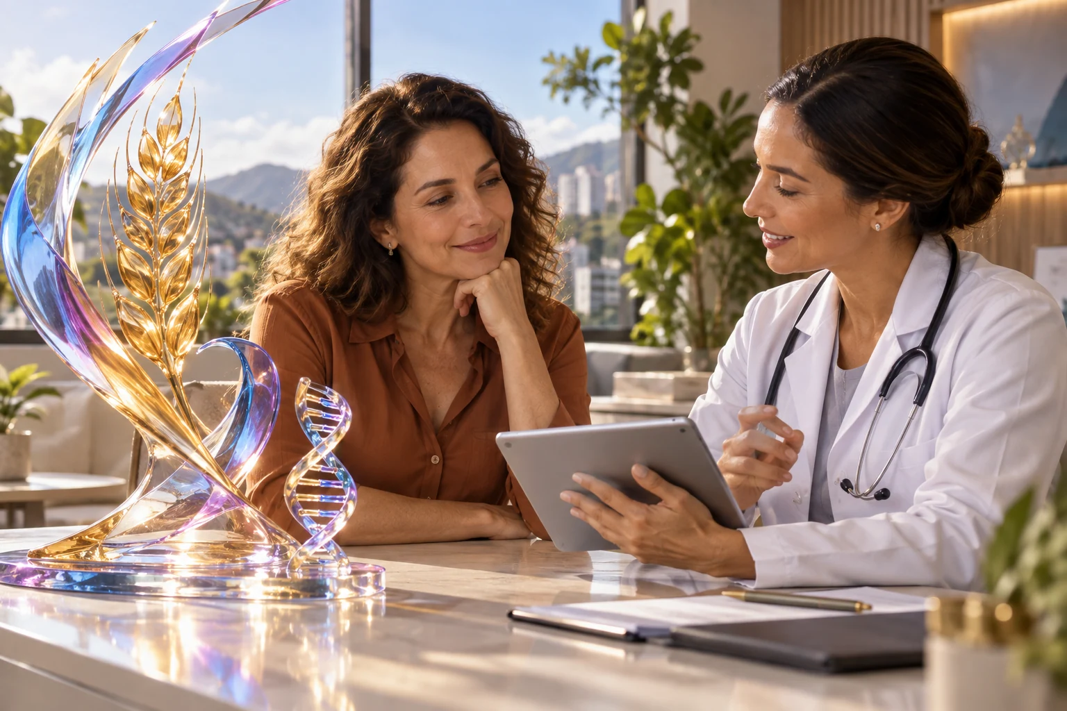 Conversa sobre saúde com trigo e DNA ilustrados em vidro