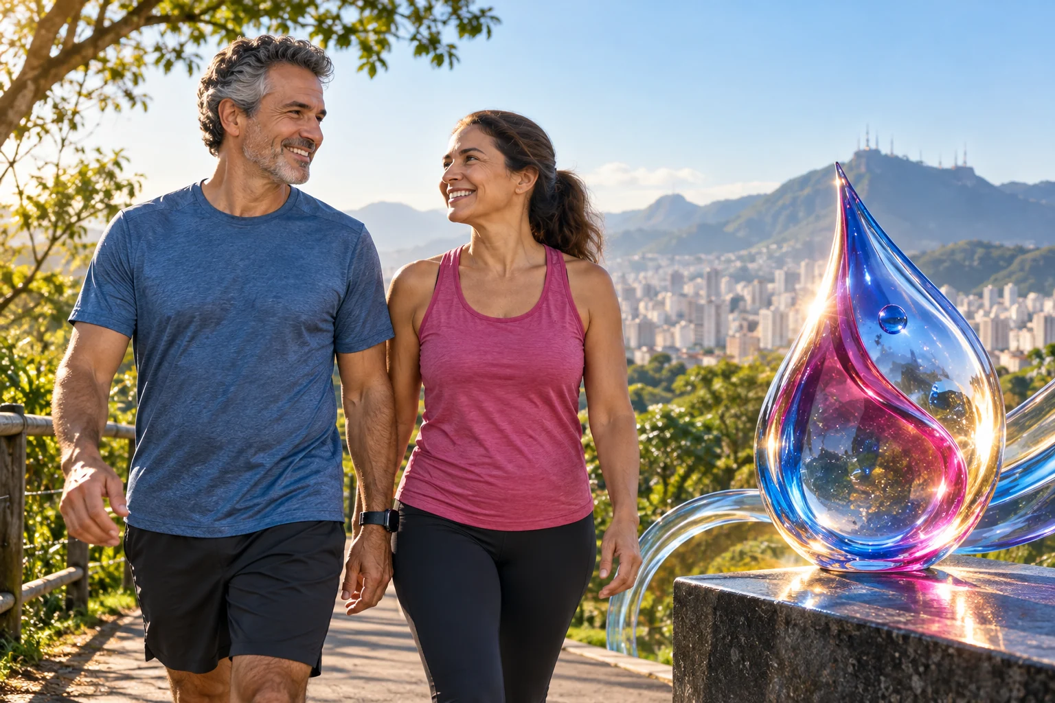 Casal caminhando e ilustração conceitual de uma gota em vidro