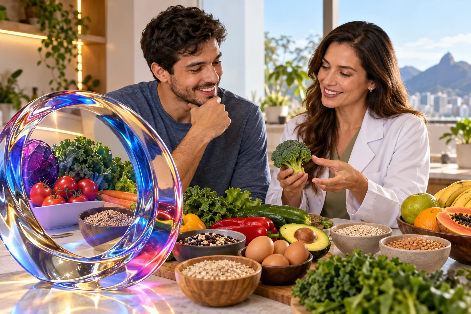 Conversa com nutricionista diante de alimentos variados e prismas de vidro
