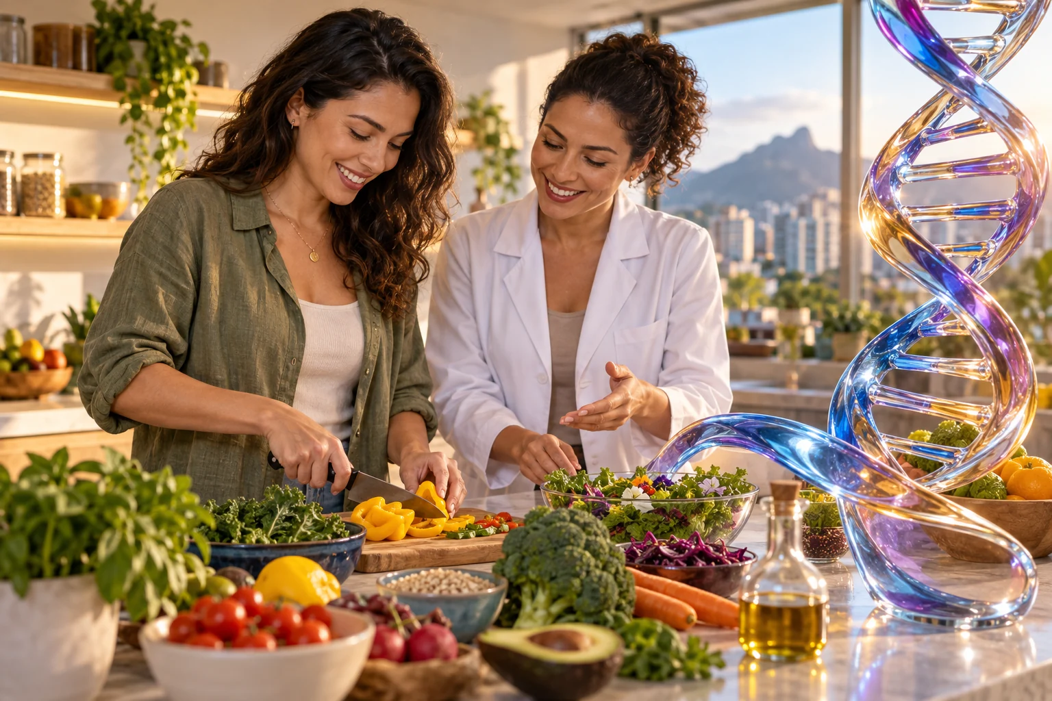 Preparo de refeição variada com nutricionista e DNA ilustrado em vidro