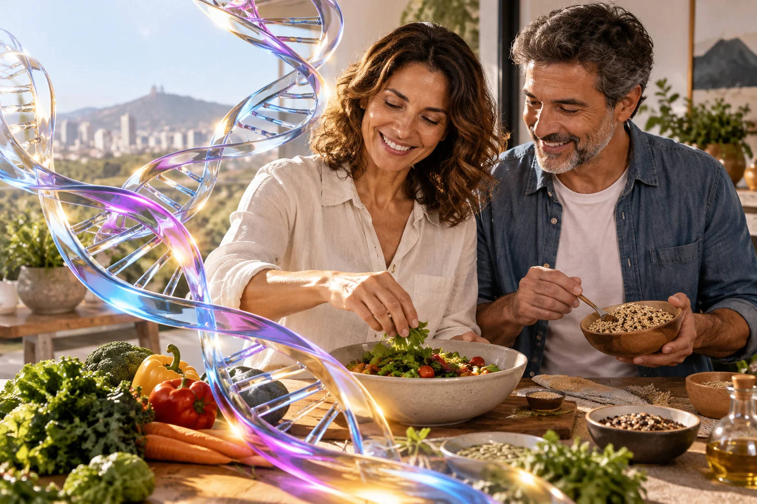 Casal planejando a alimentação com ilustração de DNA em vidro