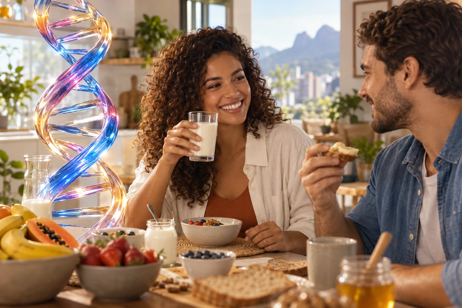 Casal tomando café da manhã com ilustração de DNA em vidro