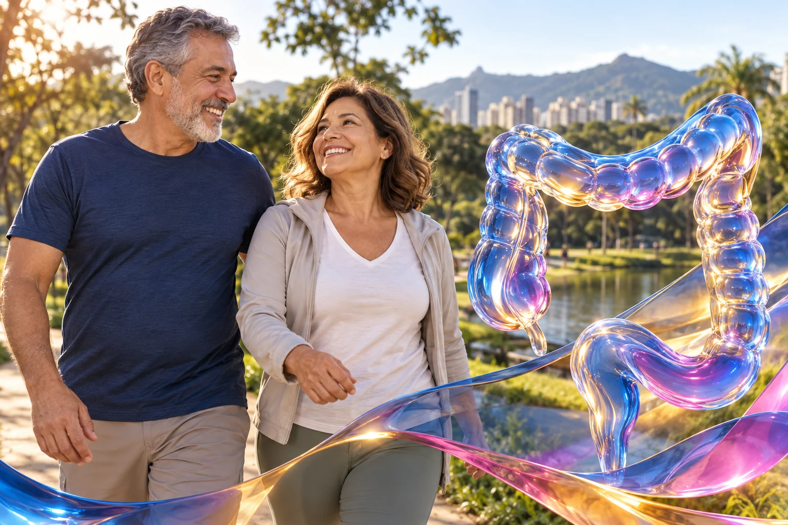 Casal maduro no parque e intestino conceitual em liquid glass