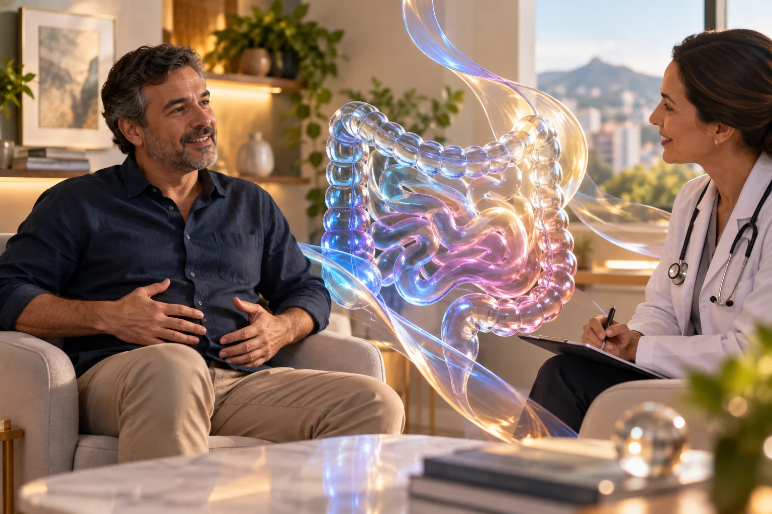 Conversa sobre desconforto intestinal e ilustração de intestino em vidro